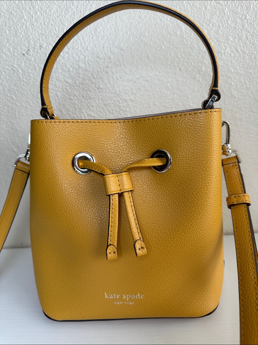 Like NEW kate spade Pebbled Leather Bucket bag with matching long strap